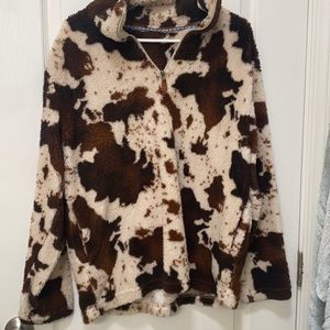 Sherpa cow print half zip sweater